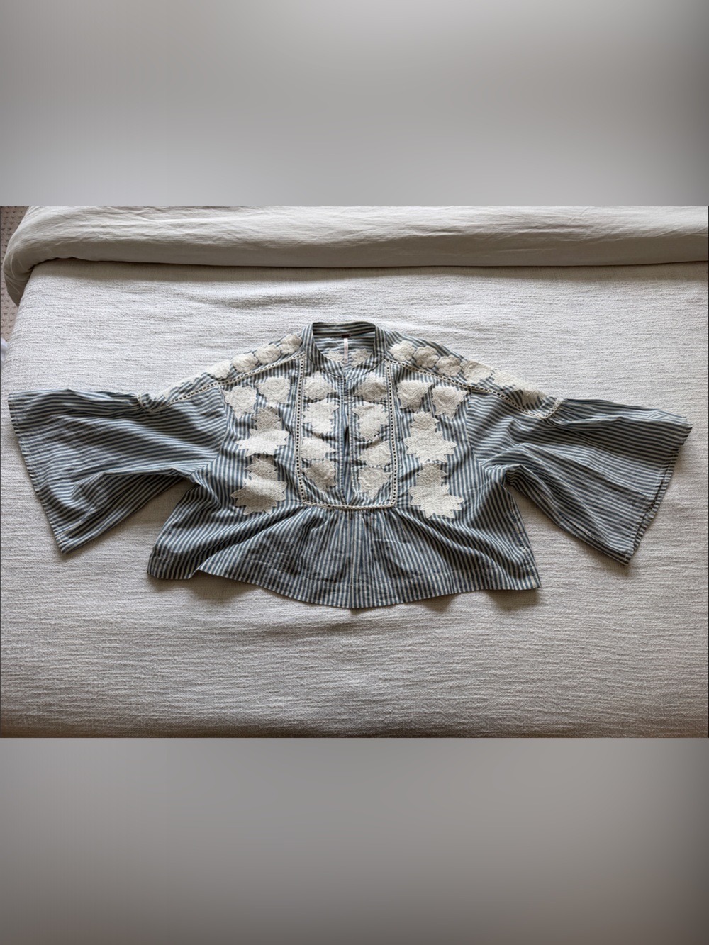 Free People Striped Gray Peasant Blouse with Cream Embroidery
